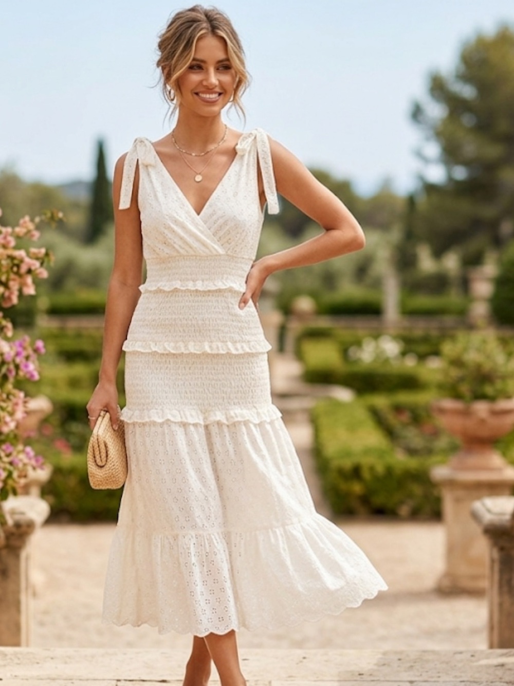 Little Gem Tie Sleeve Cream Ivory Smocked Eyelet Tiered Dress Small